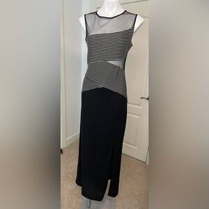 Black & White Striped Mesh-Accent Midi Dress